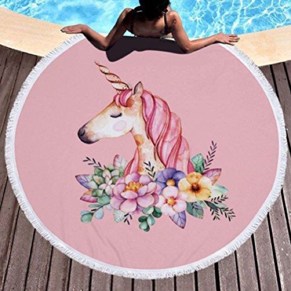 Round Beach Towel, Unicorn Floral 60 Inch - Picture 4 of 5